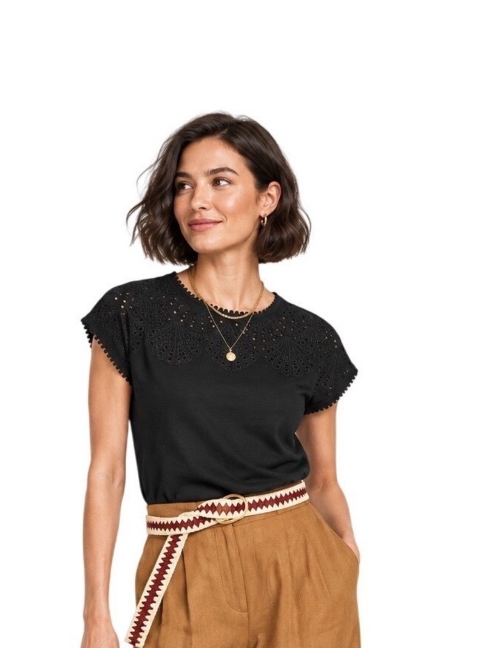 Boden Black Eyelet Yoke Short Sleeve Top